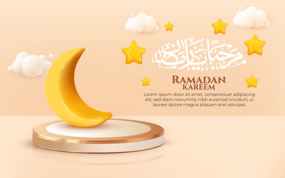 ramadan kareem with cute yellow moon and star 3d cartoon style. islamic calligraphy off marhaban yaa ramadan vector