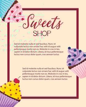Flyer template for sweet shop on beige background with cute cupcakes in cartoon flat style. Media design for banner, poster, confectionery advertisement. vector