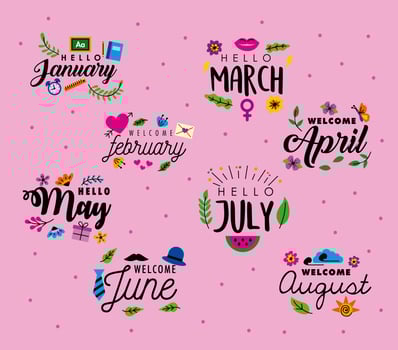 hello month eight letterings vector