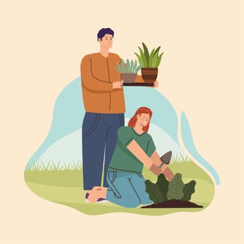garden with gardeners working vector