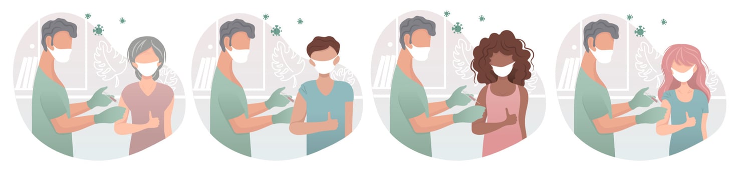 Male Nurse men vaccinating people. Vaccination concept. People of different age, races, male and female, international, multiethnic, multiracial. Healthcare, coronavirus, prevention and immunize. vector
