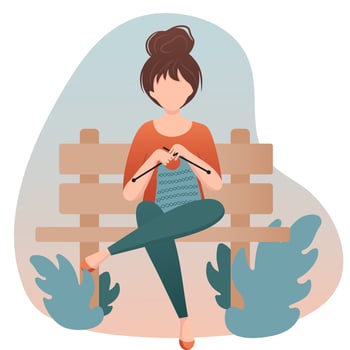 Woman knits at park sitting on bench. Knit in public place. Hobby time. Cozy home. Vector cute flat cartoon illustration.  Handmade concept.