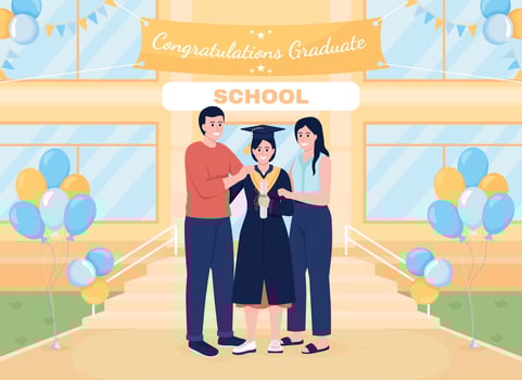 School graduate and parents flat color vector illustration