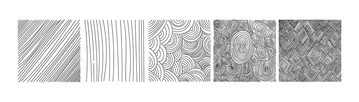 A set of square abstract backgrounds or patterns. Hand-drawn doodles. Blots, zigzags, smooth curves, lines. Modern whimsical vector illustrations. Posters, badge templates for social networks.