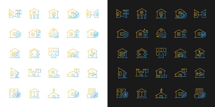 Building safety requirements gradient icons set for dark and light mode. Remodeling house. Thin line contour symbols bundle. Isolated vector outline illustrations collection on black and white