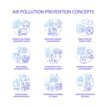 Air pollution prevention concept icons set. Renewable energy idea thin line color illustrations. Popularize afforestation. Increase parks. Reducing energy consumption. Vector isolated outline drawings