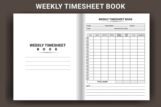 Weekly Timesheet Book. Timesheet log book interior. Business management notebook template. Time schedule journal template. Notebook interior. Office employee timesheet journal interior. vector