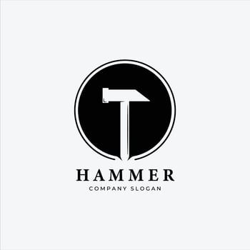 Hammer Logo Vector Design Illustration Vintage, Carpenter House, Concept of Workplace with Carpentry, Sign of Blow