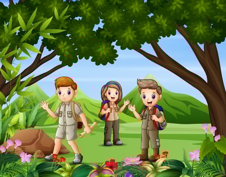 A group of scouts hiking in the forest vector