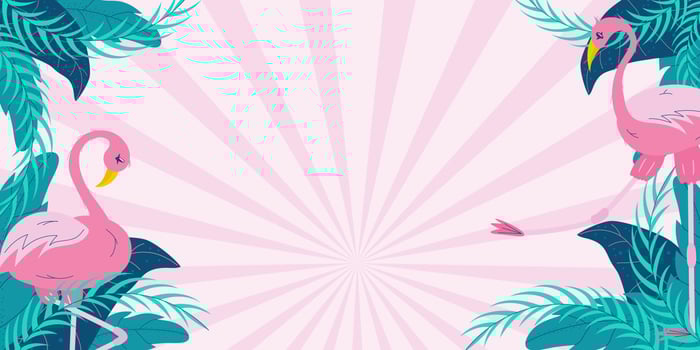 Summer banner with tropical leaves and flamingos on a pink background with space for text.Green leaves and pink bird. Flat vector horizontal illustration.