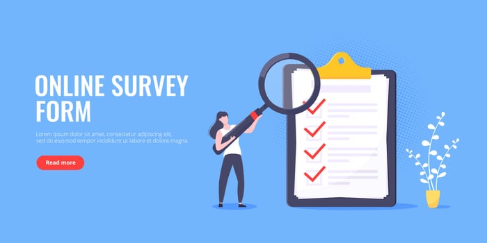 Checklist complete business concept tiny person with megaphone, magnifying glass nearby giant clipboard. vector