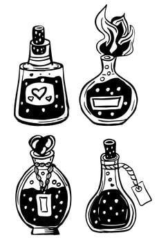 Hand drawn magic bottles isolated on white. vector
