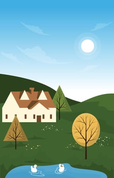 Little House Hill Lake Beautiful Summer Rural Nature Landscape Card vector