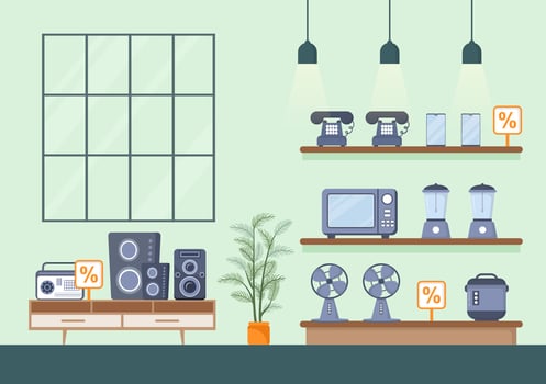 Electronics Store that Sells Computers, TV, Cellphones and Buying Home Appliance Product in Flat Background Illustration for Poster or Banner vector
