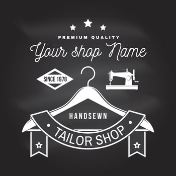 Tailor shop badge. Vector. Concept for print, stamp label or tee. Vintage typography design with sewing machine, hangers for clothes silhouette. Retro design for sewing shop business vector
