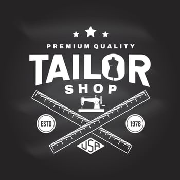 Tailor shop badge. Vector. Concept for shirt, print, stamp label or tee. Vintage typography design with sewing machine, measure meter silhouette. Retro design for sewing shop business vector
