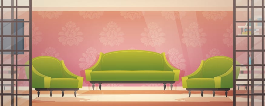 Home interior with hallway entrance and furniture. Bright hall, living room with armchairs and carpet. cartoon vector illustration.