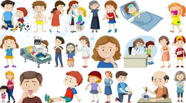 Set of sick people with different symptoms vector