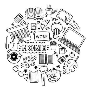Set of cute vector hand drawn doodle elements. Work from home concept, distance learning, coronavirus epidemic prevention. Objects isolated on white background