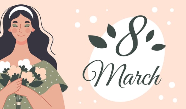 Beautiful woman with a bouquet of flowers. Postcard for women's day. illustration in flat style vector