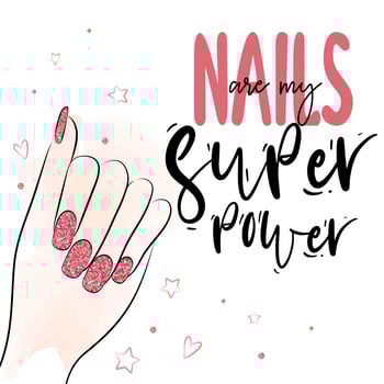 Vector Handwritten lettering about nails.  Hand with pink glitter nails. Vector calligraphy illustration. Inspiration quotes about nail and manicure. Pink colors with glitter. For nail bars salon