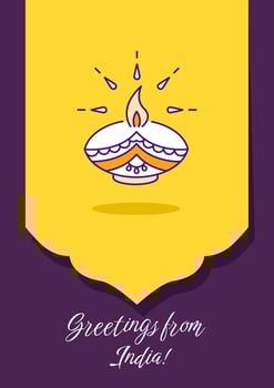 Greetings from India greeting card with color icon element. Send indian travel card. Postcard vector design. Decorative flyer with creative illustration. Notecard with congratulatory message