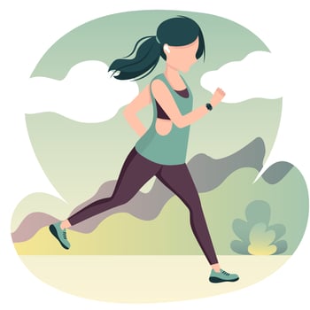 Young beautiful girl running outdoor in sportwear with earpods and fitness trecker. Sporty lifestyle. Healthy training. Vector flat trendy illustration.
