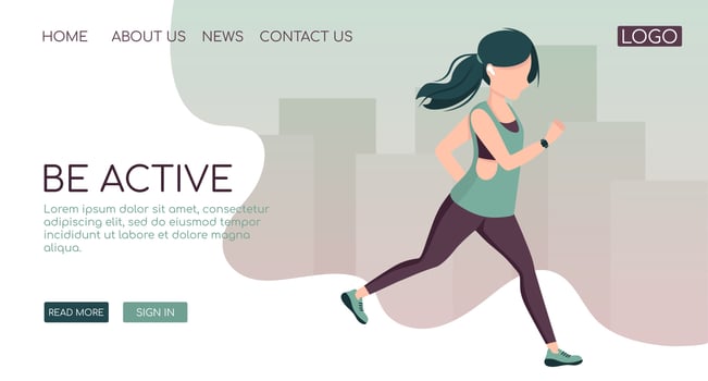 Young woman run in city  in sportswear with a fitness tracker and EarPods. Sport, Workout, Cardio , Healthy lifestyle, Fitness, Training, Running concept. Vector illustration landing page