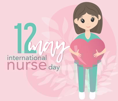 International nurse day 12 may. Happy female nurse in uniform. Pink and mint colors. Card format with lettering. Hold big pink heart in hands. vector