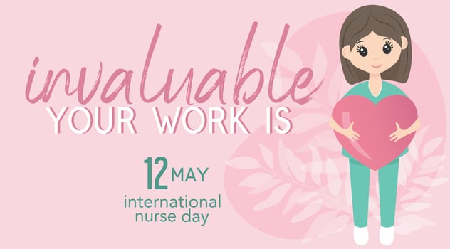 International nurse day 12 may. Happy female nurse in uniform. Pink and mint colors. Banner with lettering. Hold big pink heart in hands. Your work is invaluable. vector