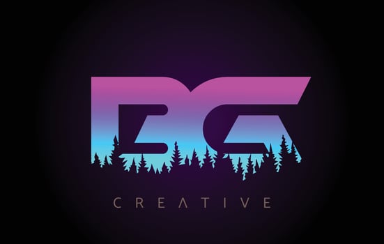 BG Letters Logo Design with Purple Blue Colors and Pine Forest Trees Concept Vector Icon