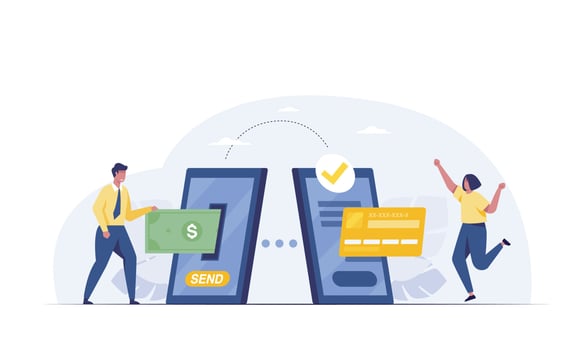 Mobile payments. Contactless pay, people with money and smartphone vector concept.
