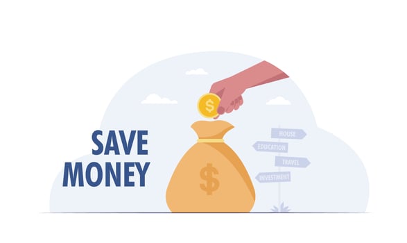 Save money concept. hand putting coins in money bag. vector illustration
