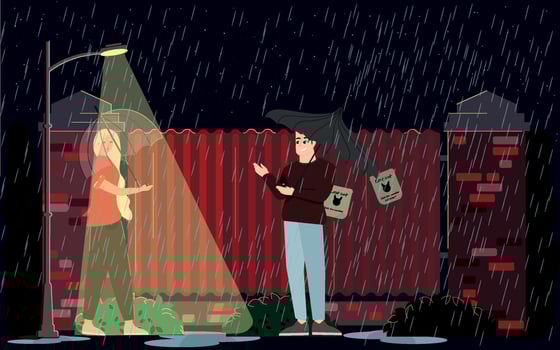 Wet and rainy weather in a night city lit by a fence lantern. Vector illustration