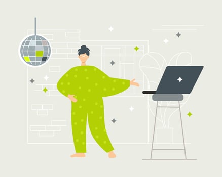 Vector illustration of home alone activity. Home alone party. Dancing online lessons. Party for one. Have fun alone. Social distancing. Pandemic life. Distance activities. Laptop. Disco ball.
