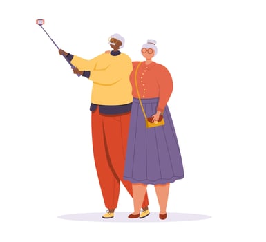 Elderly couple taking selfie a selfie photo. Seniors having an active social life. vector