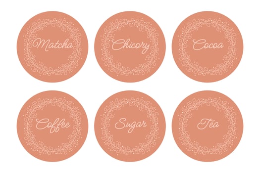 Cardboard food labels or stickers. It can be used for marking kitchen food containers. Labels, stickers, craft decals, floral frame and drinks name in English. vector
