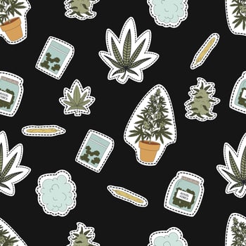 Hand Drawn Cannabis, Marijuana Elements Seamless Pattern. Vector Flat Illustrations