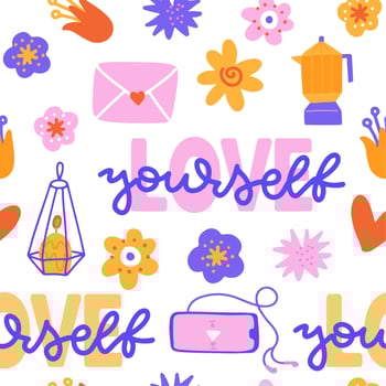 Modern hand lettering seamless pattern with motivational phrase - love yourself. Ornate background with flowers, candle, music, coffee. Typography sayings backdrop for textile. Vector illustration.