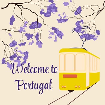 Welcome to Portugal. Tourist banner, postcard. The yellow tram of Lisbon. Purple Jacaranda tree. vector