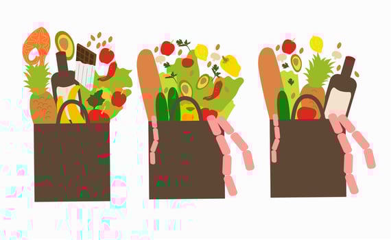 Shopping bags and baskets flat vector illustrations set. Grocery purchases, paper and plastic packages. Natural food, organic fruits and vegetable.