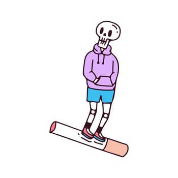 Skull wearing sweater riding a cigarette, illustration for t-shirt, sticker, or apparel merchandise. With doodle, retro, and cartoon style. vector