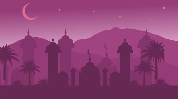 Islamic Mosque Cityscape arabic characters on beautiful silhouette background - Ramadan Kareem. vector