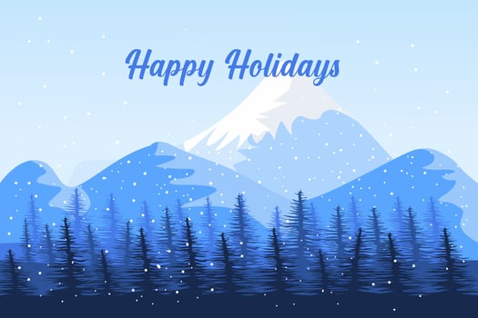 Happy Holidays Winter Mountain Forest Landscape Background, Pine Snow Trees Woods Flat Vector Illustration