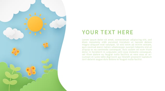 Summer banner background. Butterfly, plant, sun and clouds on blue sky background. Paper cut style. Vector illustration.