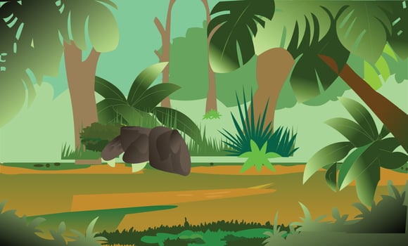 Illustration of a summer deep forest landscape in cartoon style. vector