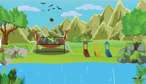 Illustration of a summer forest landscape children playground in cartoon style. vector