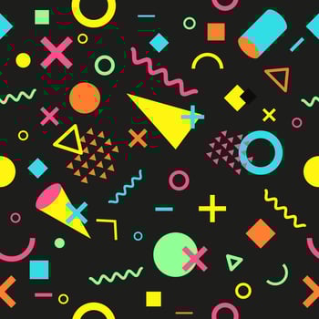 Vector seamless pattern with multicolor geometric shapes on dark background. Retro vintage abstract art print. Fashion 80s-90s. Memphis style design. Wallpaper, cloth design, fabric, paper, textile.