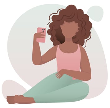 Young trendy African girl sitting on floor and making photo content for her blog. Vector flat illustration.