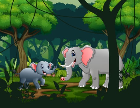 Mom and young elephants in the jungle vector